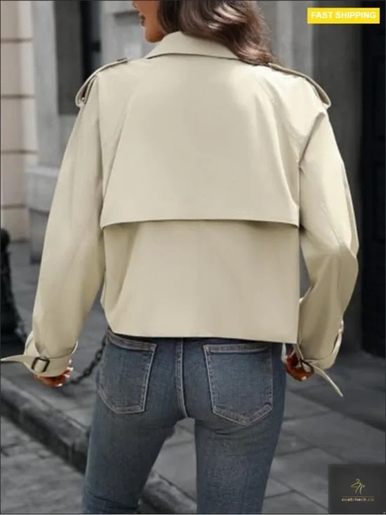 Cropped Trench Coat Oversized Double Breasted Classic Chic Fall Jacket new - Picture 7 of 10